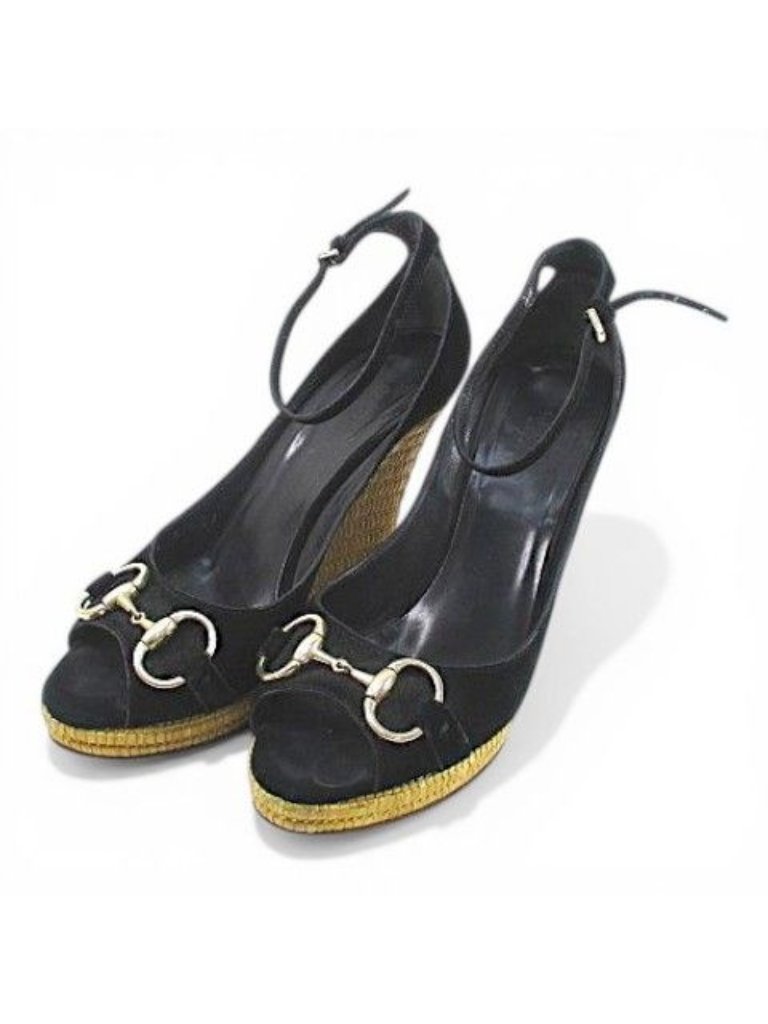 Gucci Sandals Wedge Sole Horsebit Ankle Strap 37.5 Black Suede